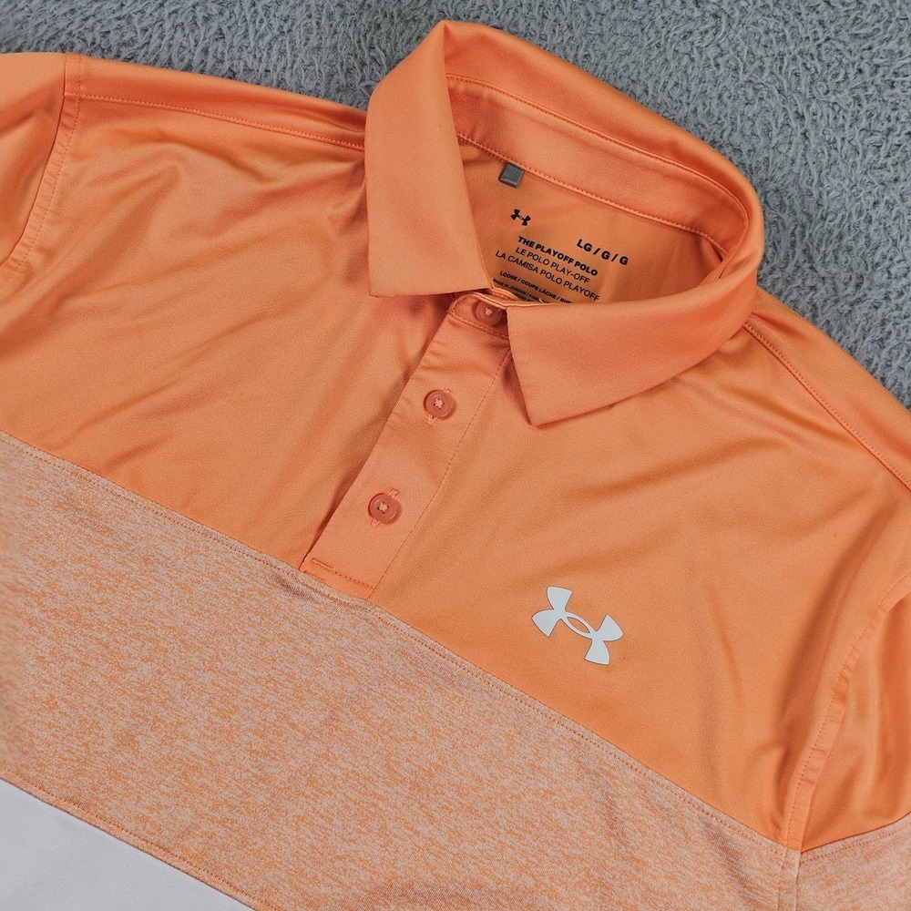 Underβ Armour Polo Shirt Mens Large Orange White Playoff Polo Golf Loose Fit